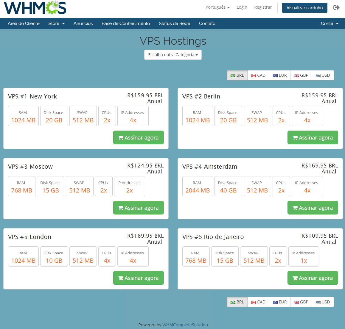 Geolocation Hook For WHMCS: Portuguese cart page with BRL prices for a visitor from Brazil
