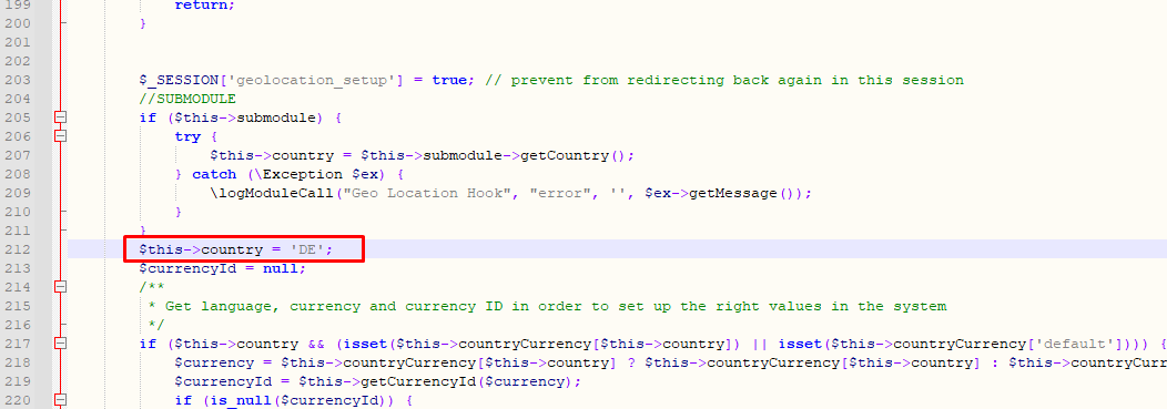 Geolocation Hook For WHMCS: hook PHP code with the country variable set to DE highlighted to simulate a location