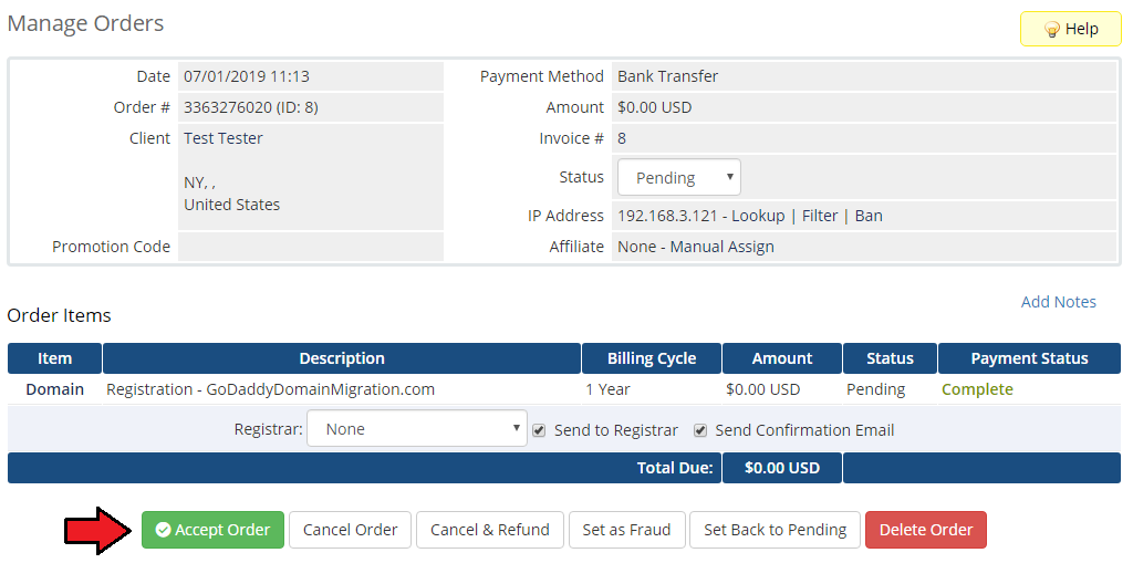 GoDaddy Domain Registrar For WHMCS: WHMCS admin Manage Orders page with the domain registration item and Accept Order