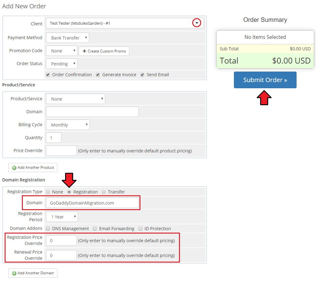 GoDaddy Domain Registrar For WHMCS: WHMCS admin Add New Order form with domain registration, price overrides and Submit