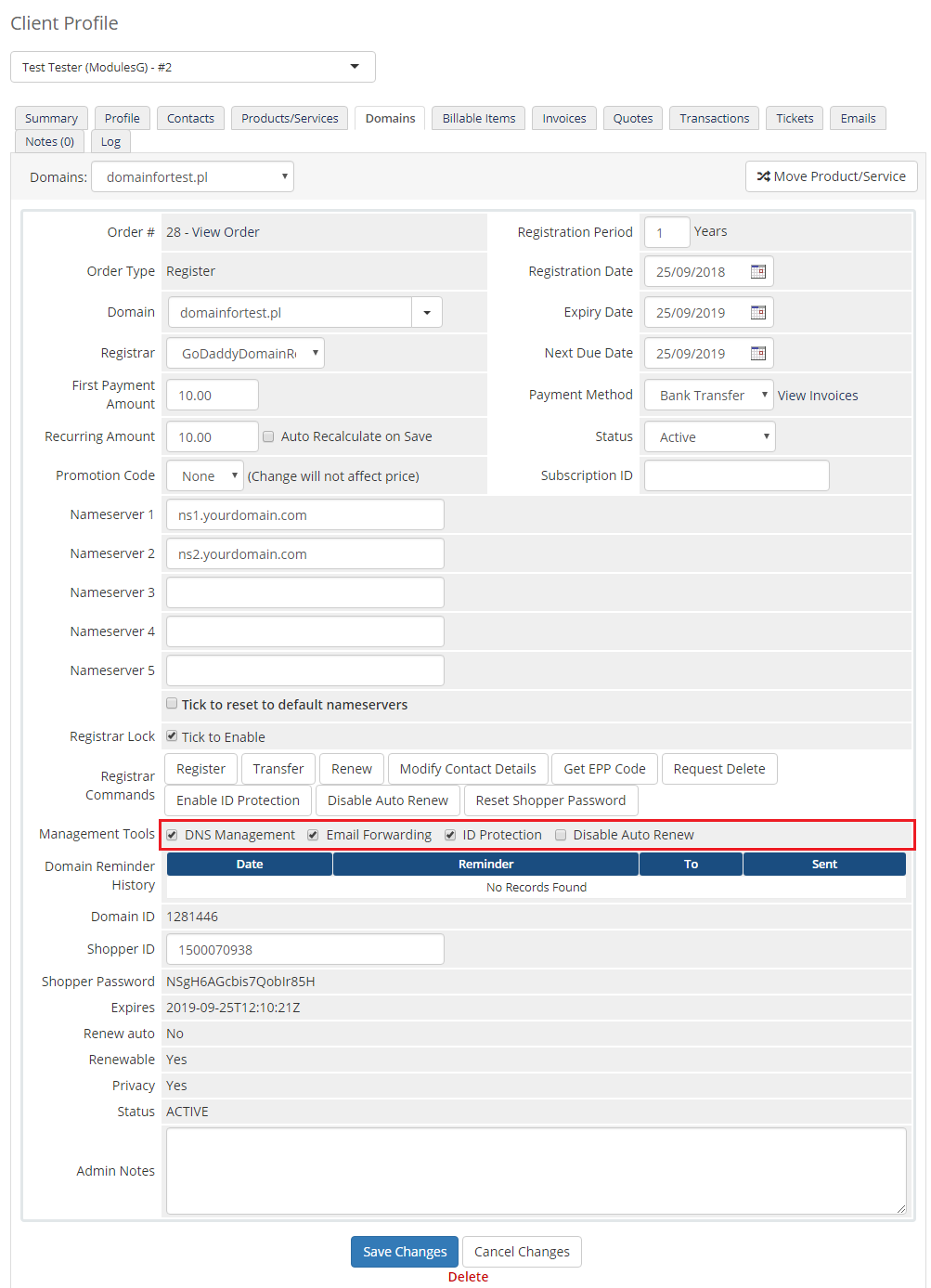 GoDaddy Domain Registrar For WHMCS: WHMCS admin domain details page with the management tools checkboxes highlighted