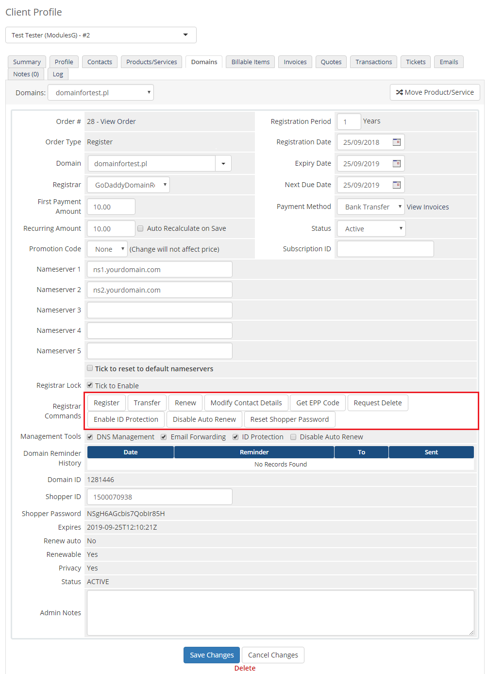 GoDaddy Domain Registrar For WHMCS: WHMCS admin domain details page with the registrar commands buttons highlighted