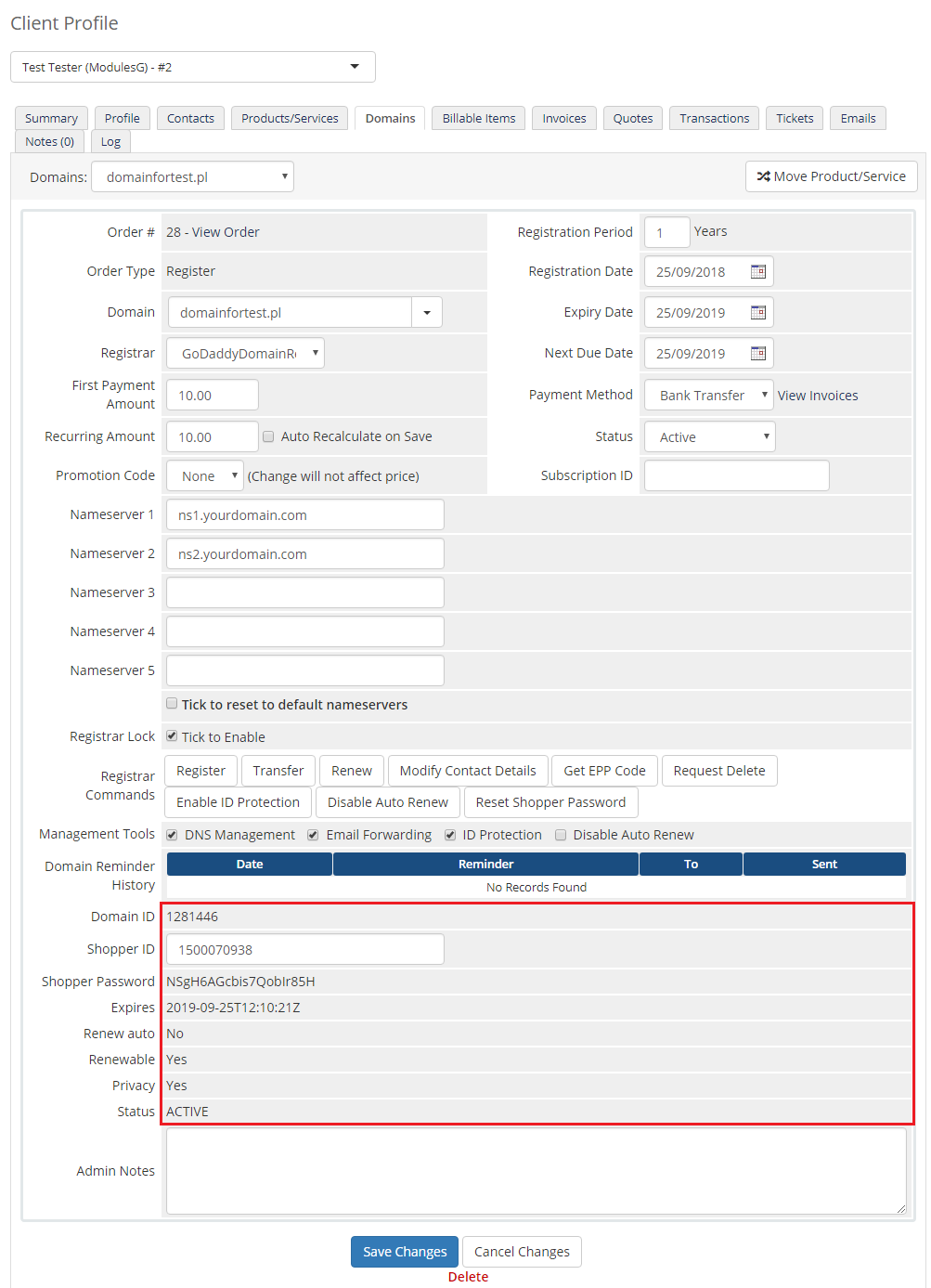 GoDaddy Domain Registrar For WHMCS: WHMCS admin domain details page with the domain ID, shopper ID and password