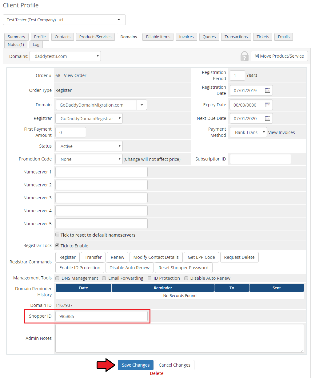 GoDaddy Domain Registrar For WHMCS: WHMCS admin domain details with the Shopper ID field filled in and Save Changes