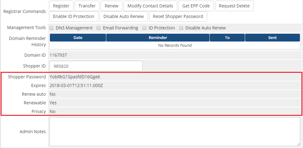 GoDaddy Domain Registrar For WHMCS: WHMCS admin domain details with shopper password and expiry shown after the reset