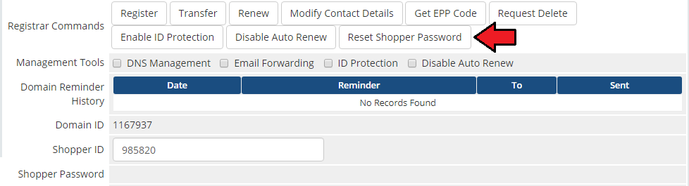 GoDaddy Domain Registrar For WHMCS: WHMCS admin registrar commands with the Reset Shopper Password button highlighted