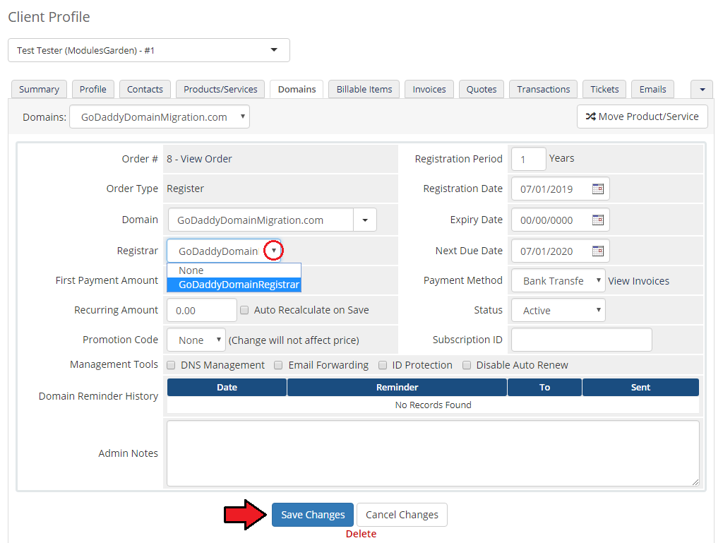 GoDaddy Domain Registrar For WHMCS: WHMCS admin domain details with the GoDaddyDomainRegistrar option in the Registrar