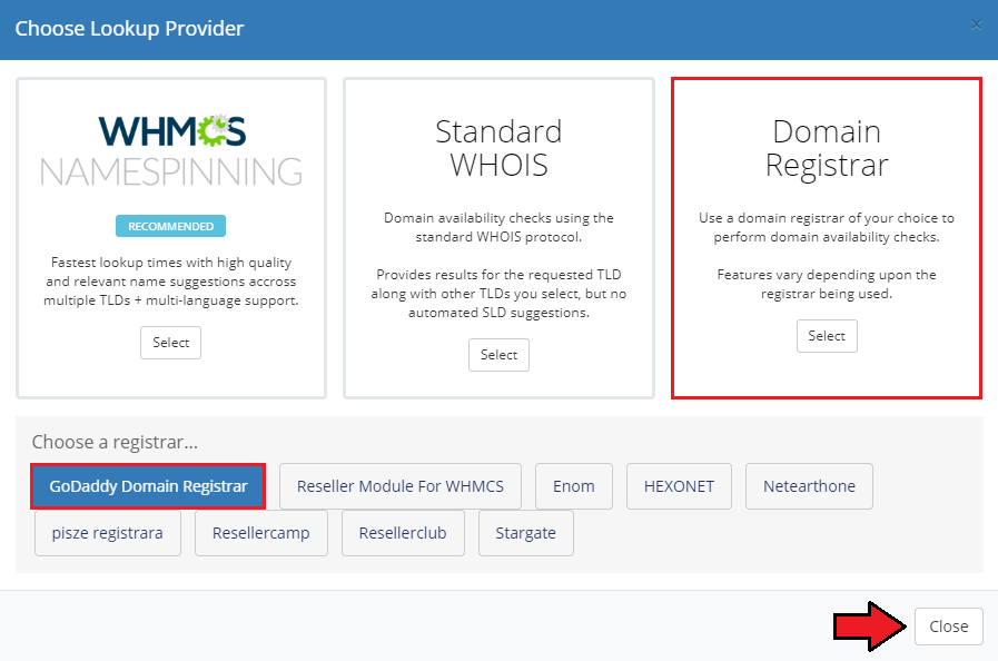 GoDaddy Domain Registrar For WHMCS: WHMCS Choose Lookup Provider window with Domain Registrar and GoDaddy selected
