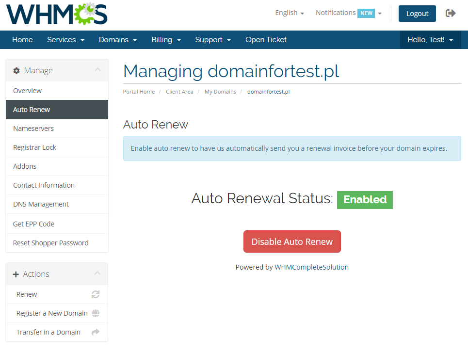 GoDaddy Domain Registrar For WHMCS: WHMCS client area Auto Renew tab with status Enabled and the Disable Auto Renew