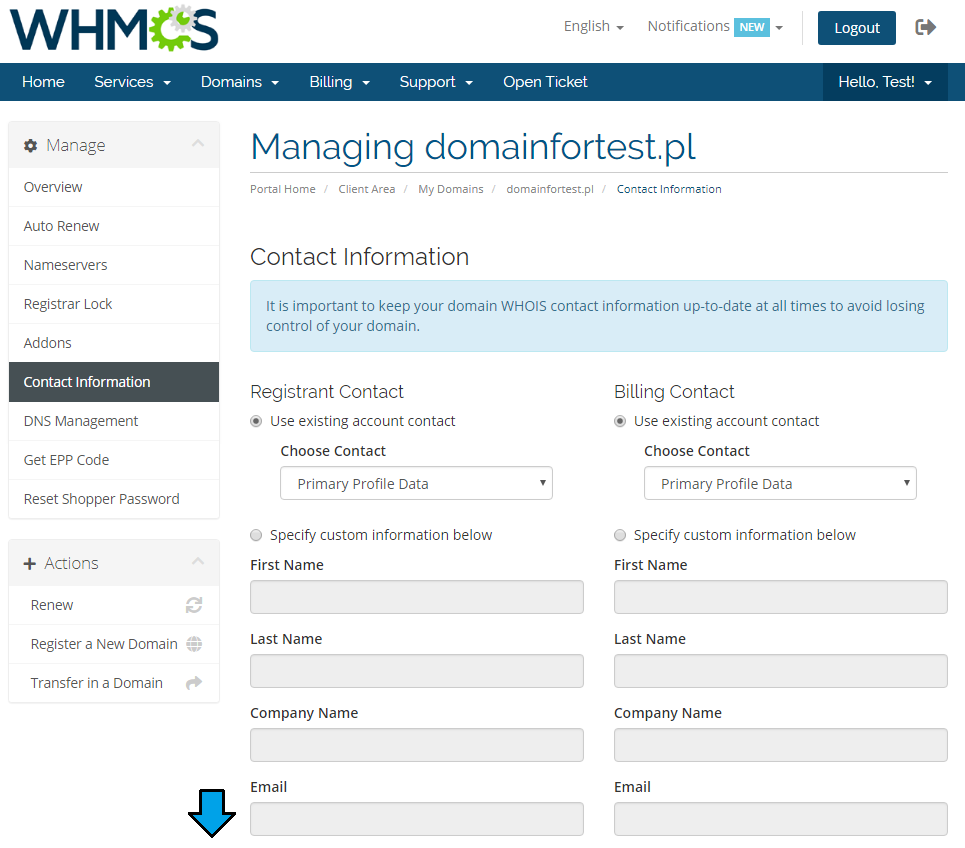 GoDaddy Domain Registrar For WHMCS: WHMCS client area Contact Information tab with registrant and billing contact forms