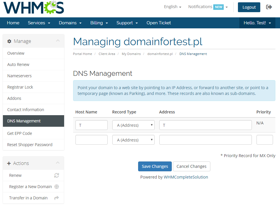 GoDaddy Domain Registrar For WHMCS: WHMCS client area DNS Management tab with the host name, record type and address