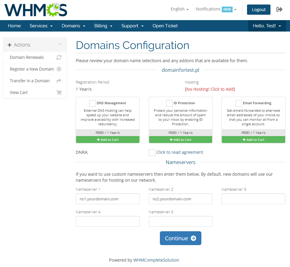 GoDaddy Domain Registrar For WHMCS: WHMCS client area Domains Configuration page with domain addons and nameservers