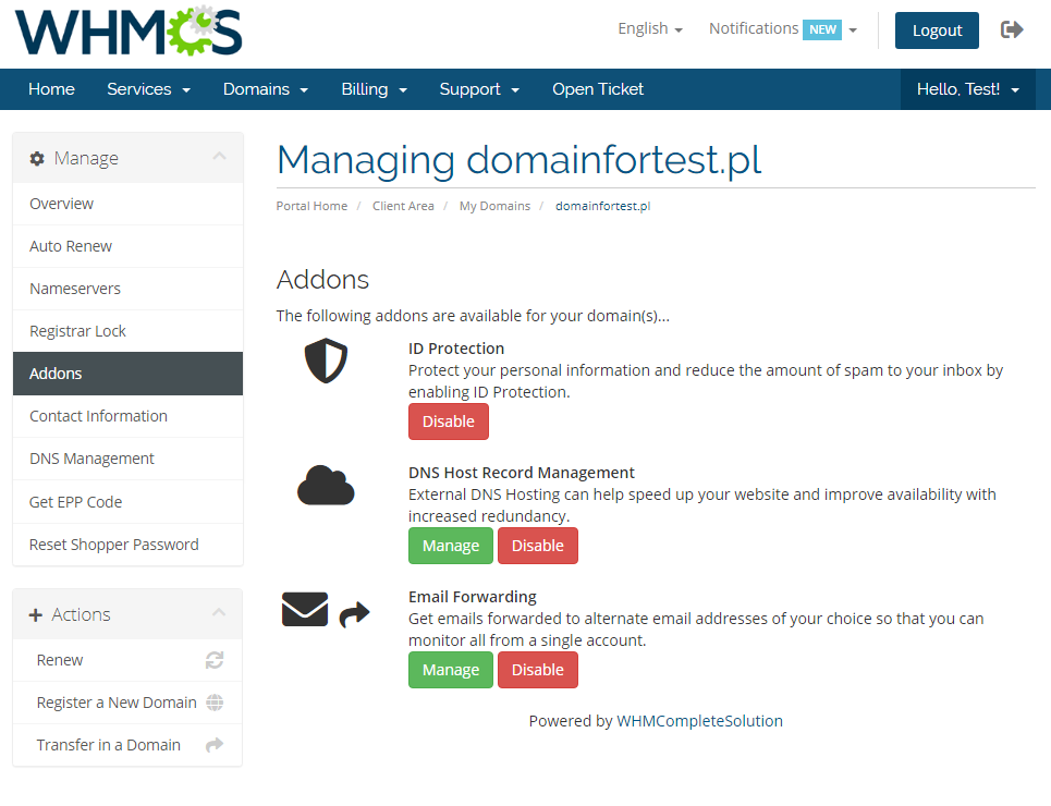 GoDaddy Domain Registrar For WHMCS: WHMCS client area Addons tab with ID Protection, DNS and Email Forwarding addons