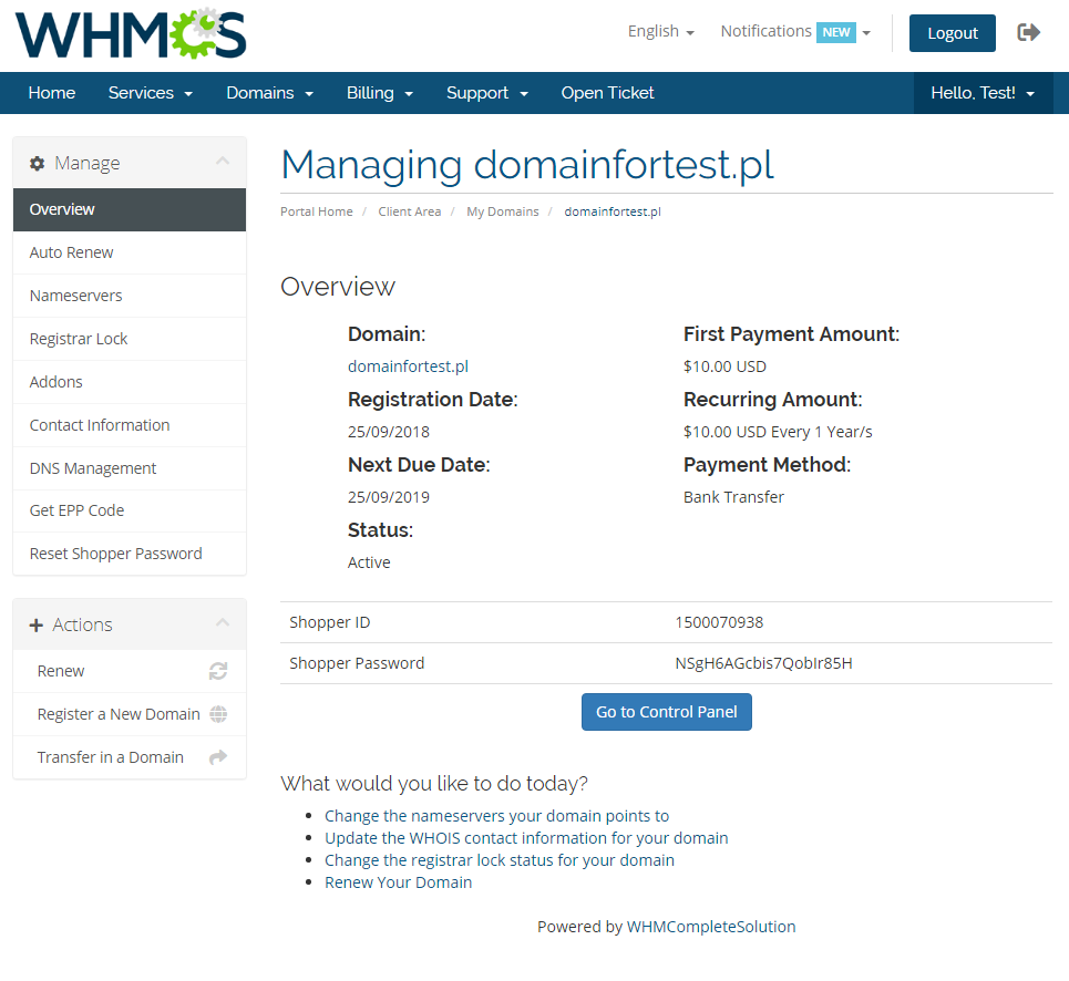 GoDaddy Domain Registrar For WHMCS: WHMCS client area domain overview with shopper details and Go to Control Panel