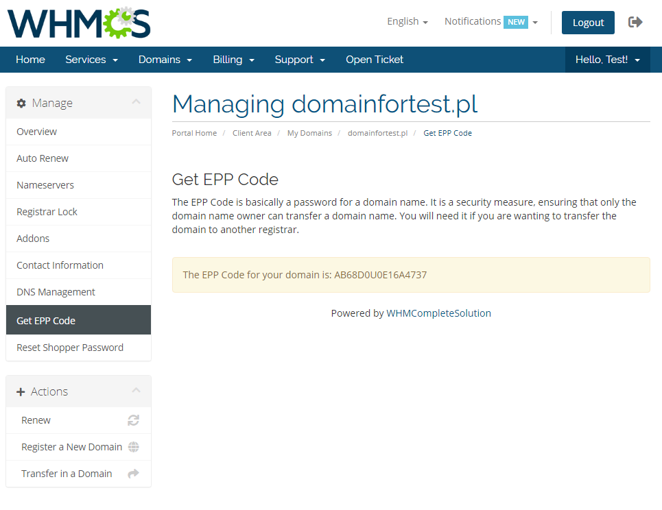 GoDaddy Domain Registrar For WHMCS: WHMCS client area Get EPP Code tab displaying the EPP code for the domain