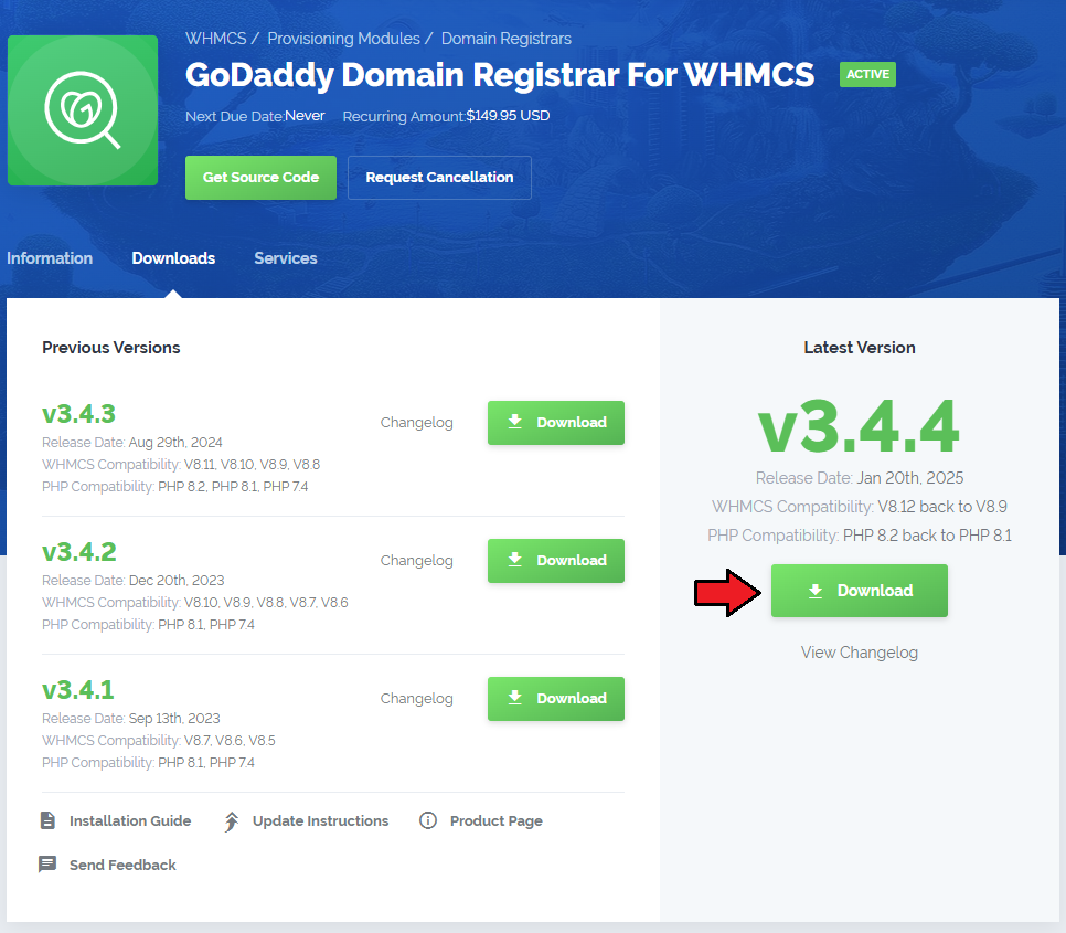GoDaddy Domain Registrar For WHMCS: client area product page with the Download button for the latest module version