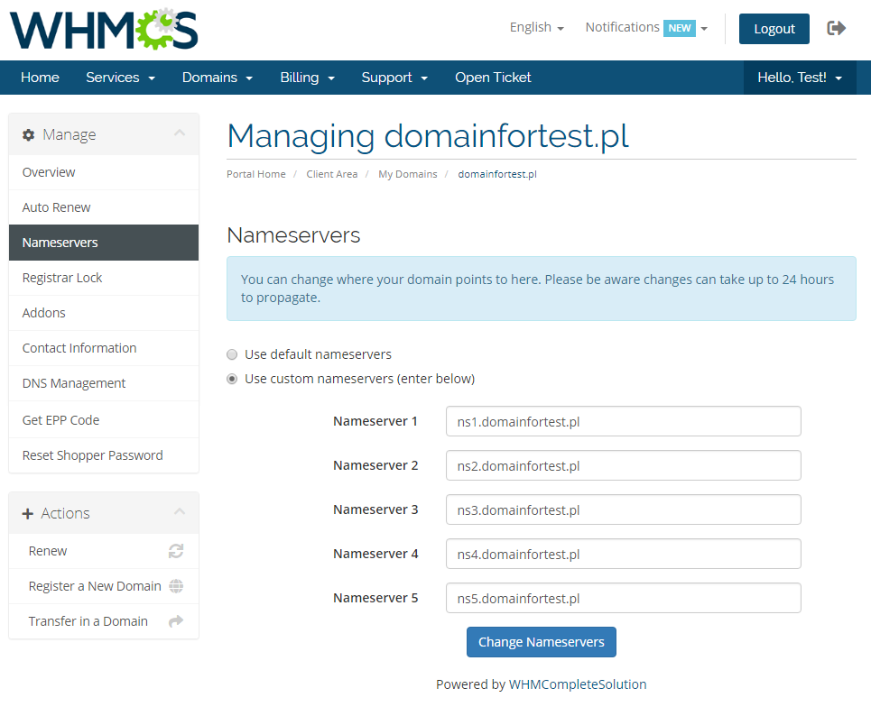 GoDaddy Domain Registrar For WHMCS: WHMCS client area Nameservers tab with custom nameserver fields and a change button