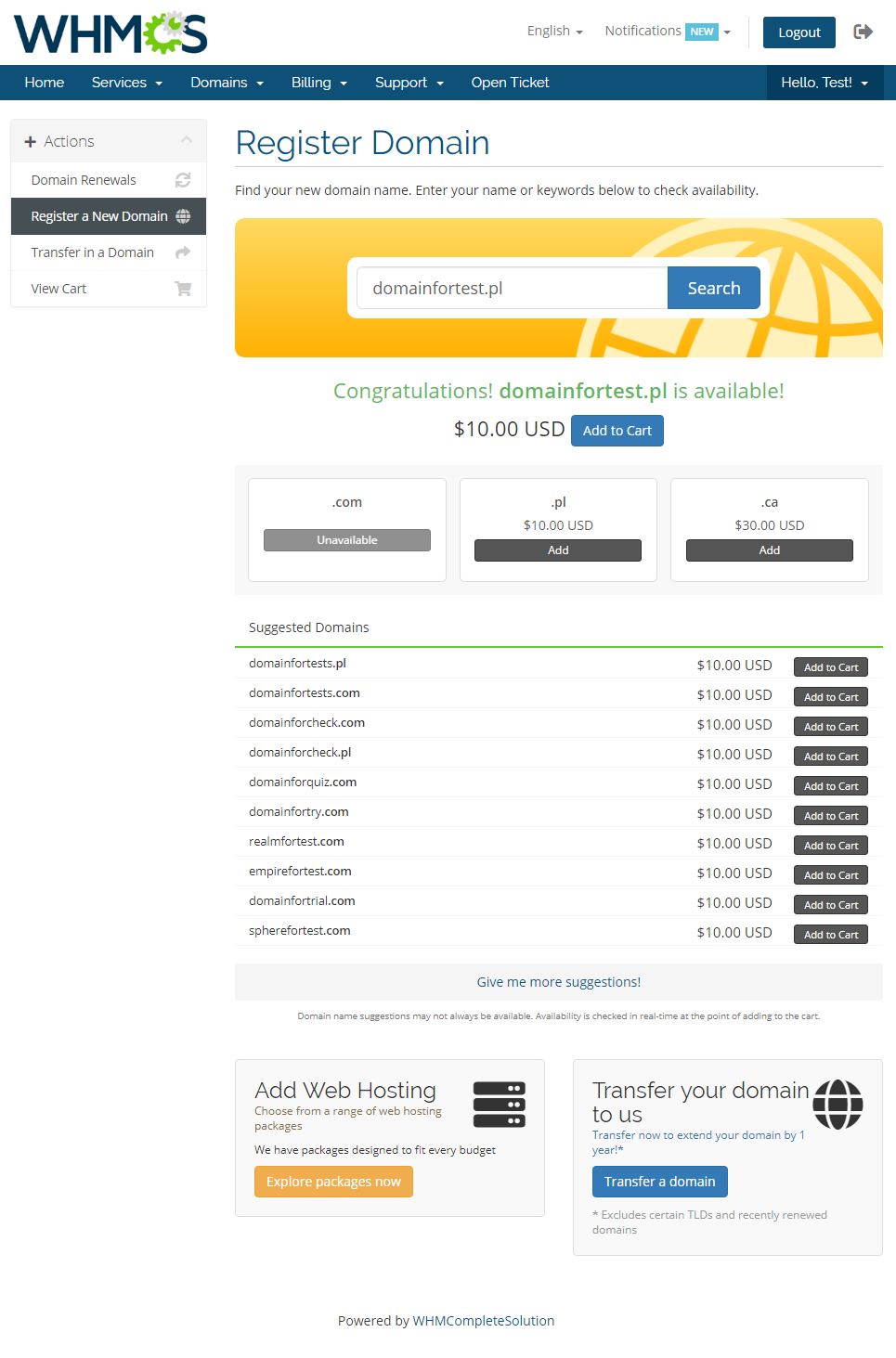GoDaddy Domain Registrar For WHMCS: WHMCS client area Register Domain page with search result and suggested domains