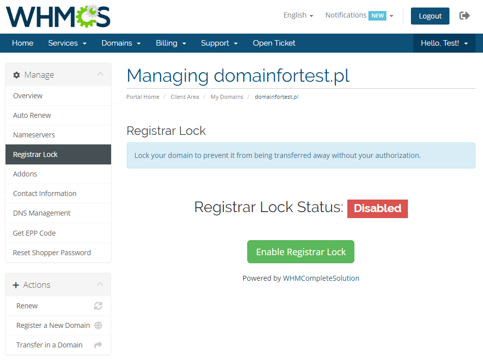 GoDaddy Domain Registrar For WHMCS: WHMCS client area Registrar Lock tab with status Disabled and the Enable button