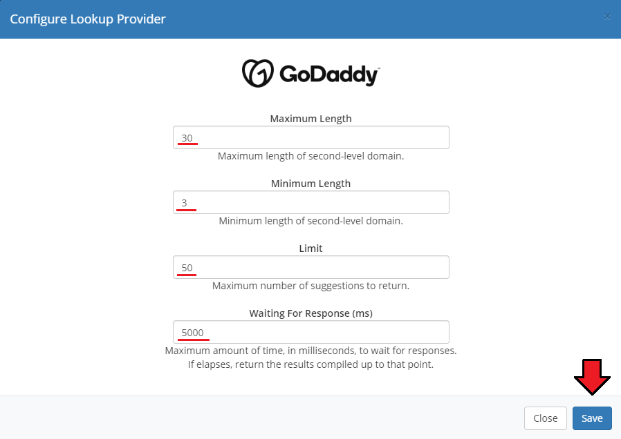GoDaddy Domain Registrar For WHMCS: Configure Lookup Provider window for GoDaddy with length, limit and timeout fields