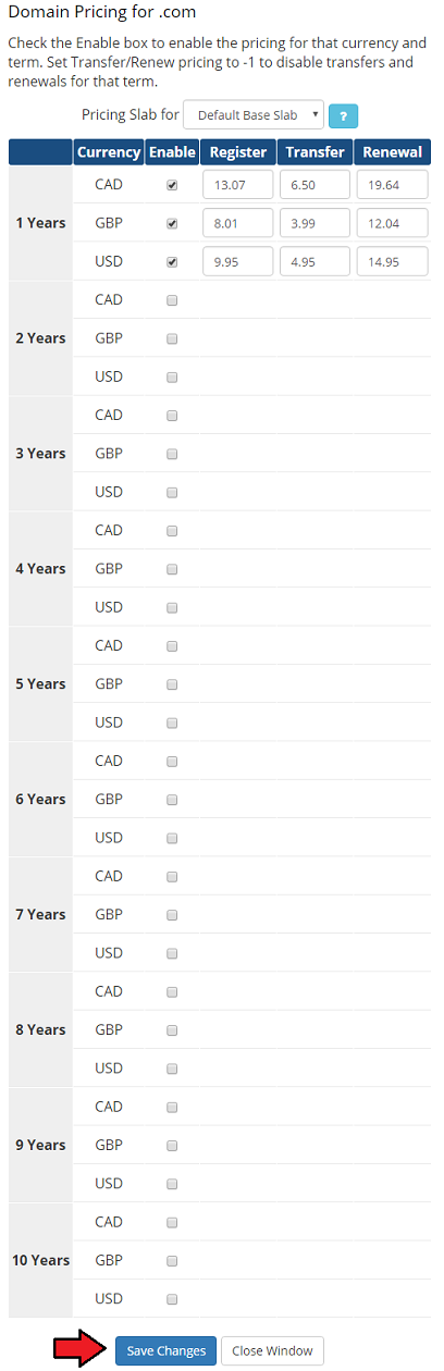GoDaddy Domain Registrar For WHMCS: Domain Pricing window for .com with register, transfer and renewal prices per