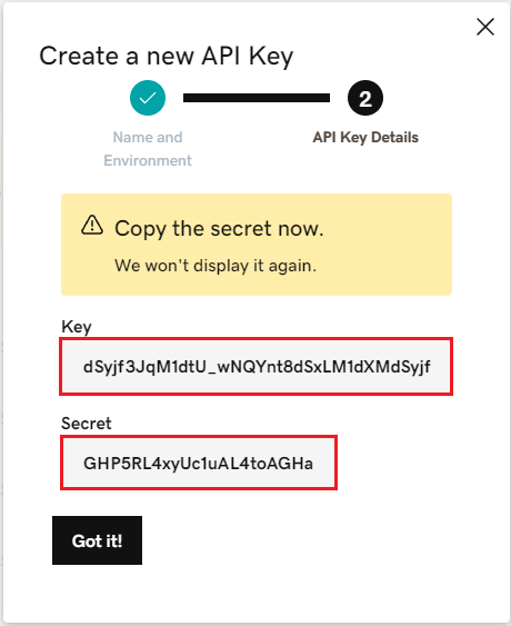 GoDaddy Domain Registrar For WHMCS: GoDaddy API key details dialog showing the generated Key and Secret to copy