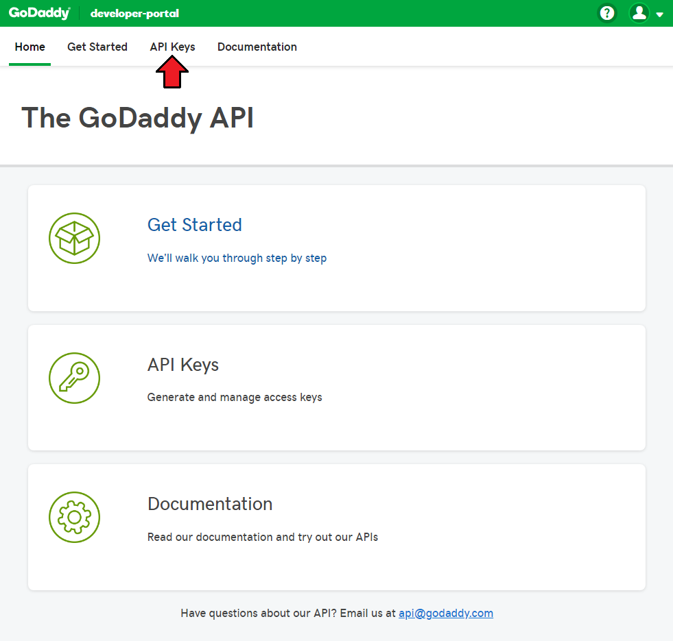 GoDaddy Domain Registrar For WHMCS: GoDaddy developer portal home page with the API Keys menu item highlighted