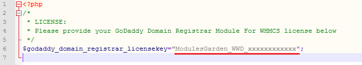 GoDaddy Domain Registrar For WHMCS: license.php file open in an editor with the license key between quotation marks