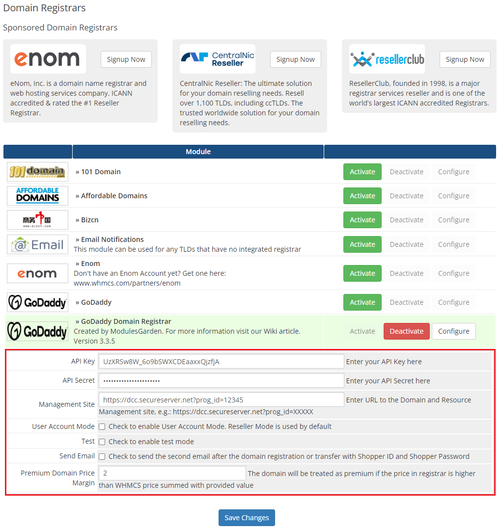GoDaddy Domain Registrar For WHMCS: module settings in WHMCS Domain Registrars with API key, secret and management site