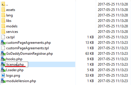 GoDaddy Domain Registrar For WHMCS: file manager with licenseRENAME.php being renamed to license.php