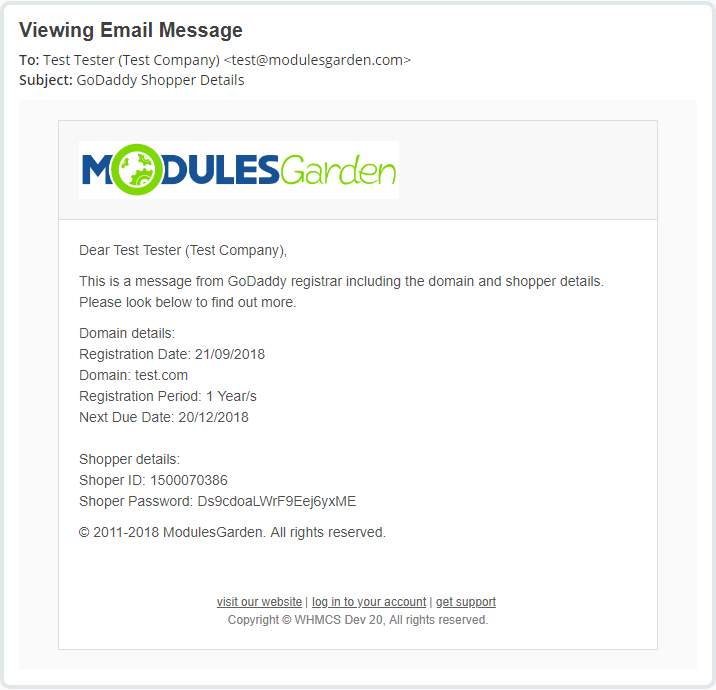 GoDaddy Domain Registrar For WHMCS: Viewing Email Message with the Shopper Details email showing shopper ID and password