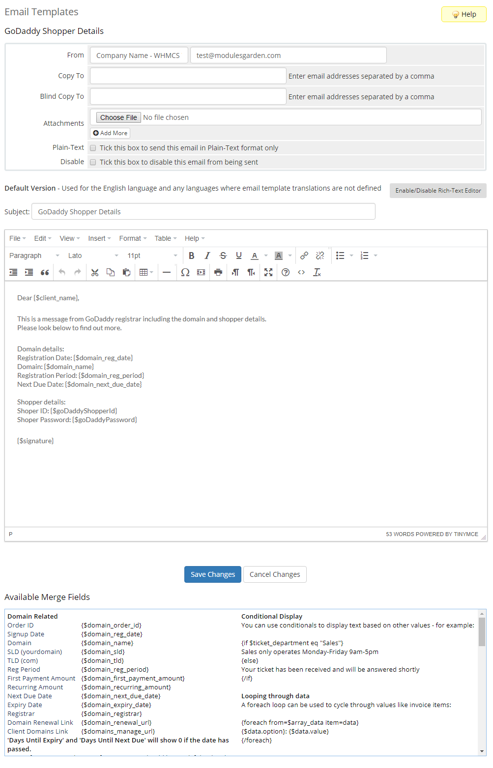 GoDaddy Domain Registrar For WHMCS: WHMCS Email Templates page with the GoDaddy Shopper Details template and its merge
