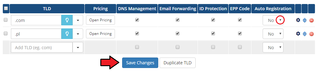 GoDaddy Domain Registrar For WHMCS: WHMCS Domain Pricing TLD list with Auto Registration set to No and Save Changes