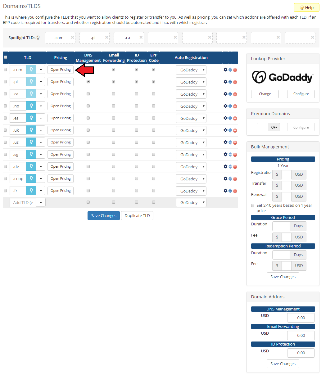 GoDaddy Domain Registrar For WHMCS: WHMCS Domains/TLDs list with the Open Pricing button next to the .com TLD