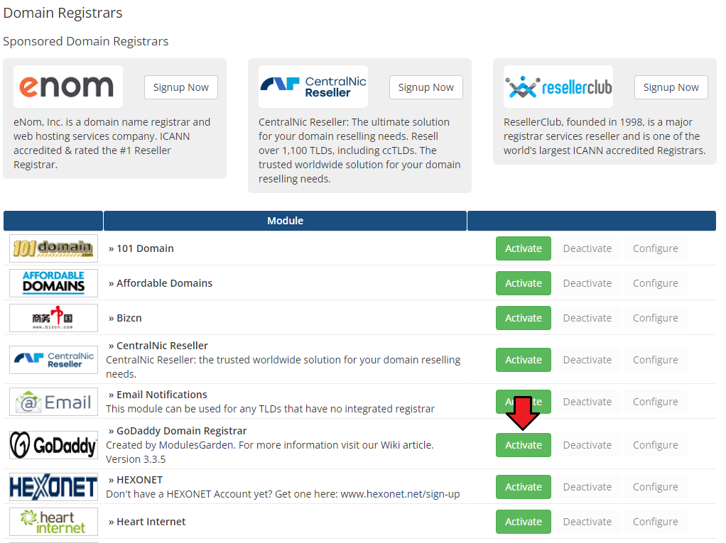 GoDaddy Domain Registrar For WHMCS: WHMCS Domain Registrars list with the Activate button next to GoDaddy