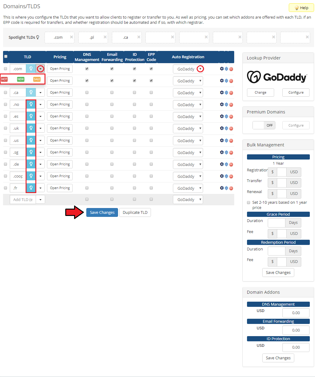 GoDaddy Domain Registrar For WHMCS: WHMCS Domains/TLDs page with DNS management, email forwarding, ID protection and