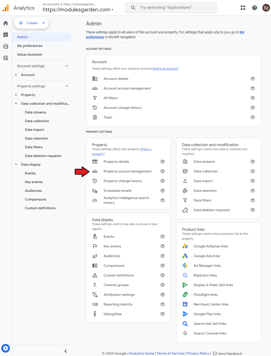 Google Analytics For WHMCS: Google Analytics Admin page with an arrow pointing at Property access management
