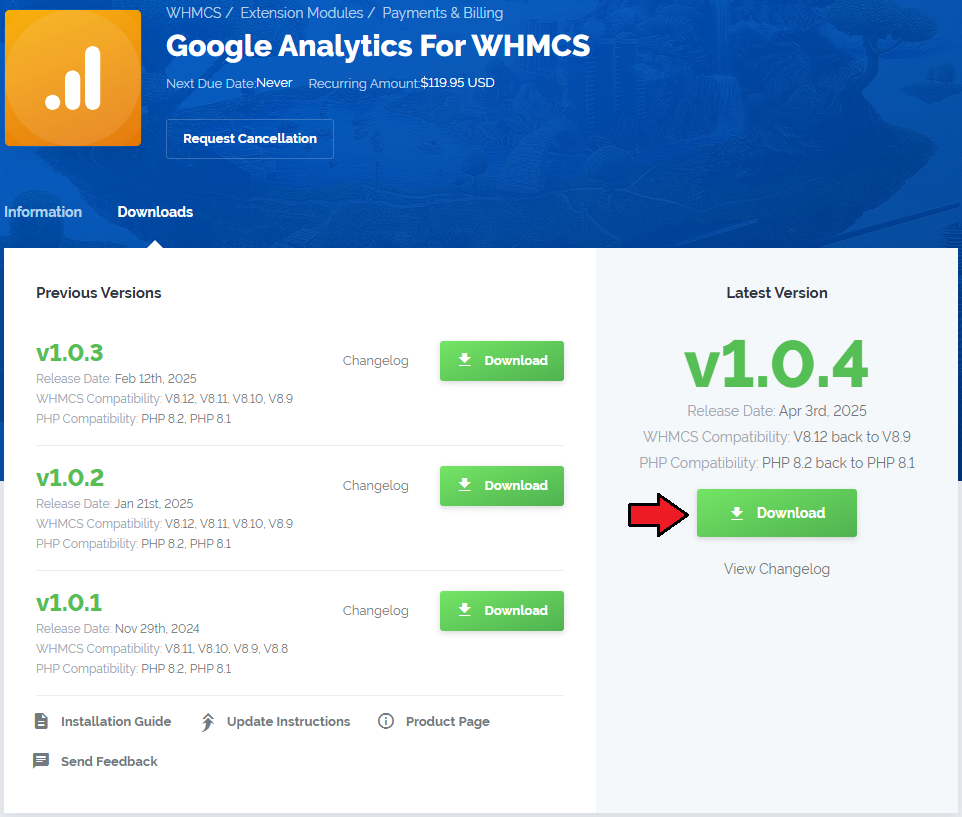 Google Analytics For WHMCS: client area product page Downloads tab with the latest module version Download button