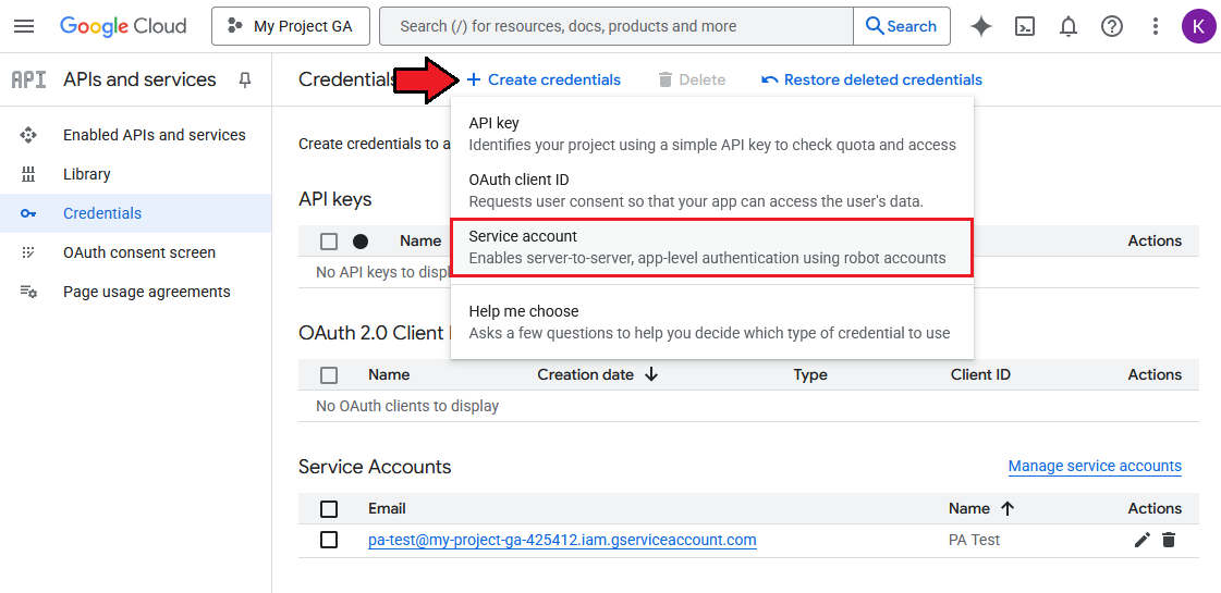 Google Analytics For WHMCS: Google Cloud Credentials page with Create credentials menu and the Service account option