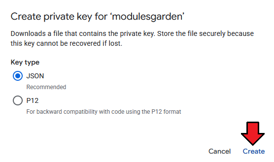 Google Analytics For WHMCS: Create private key dialog with the JSON key type selected and the Create button