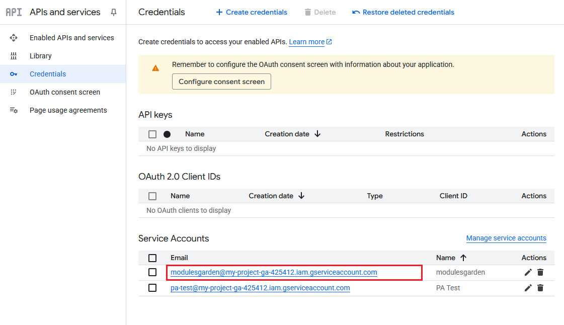Google Analytics For WHMCS: Google Cloud Credentials page with the new service account in the Service Accounts table