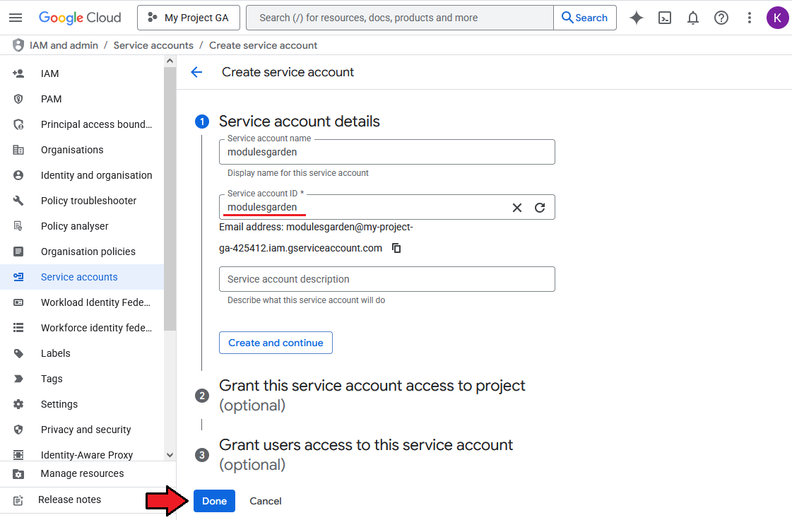 Google Analytics For WHMCS: Google Cloud Create service account form with service account name and ID filled in