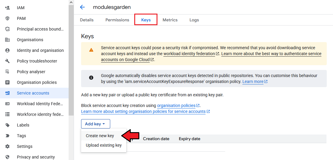 Google Analytics For WHMCS: Google Cloud service account Keys tab with the Add key menu and Create new key option