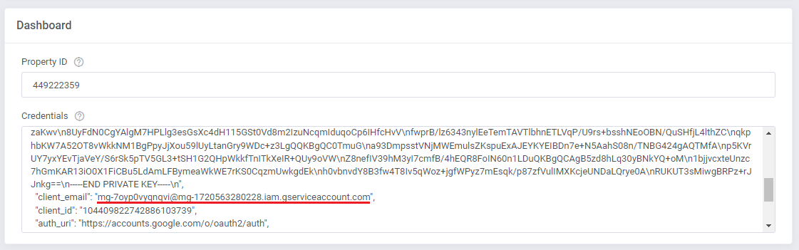 Google Analytics For WHMCS: module Credentials field with the client_email address in the JSON underlined
