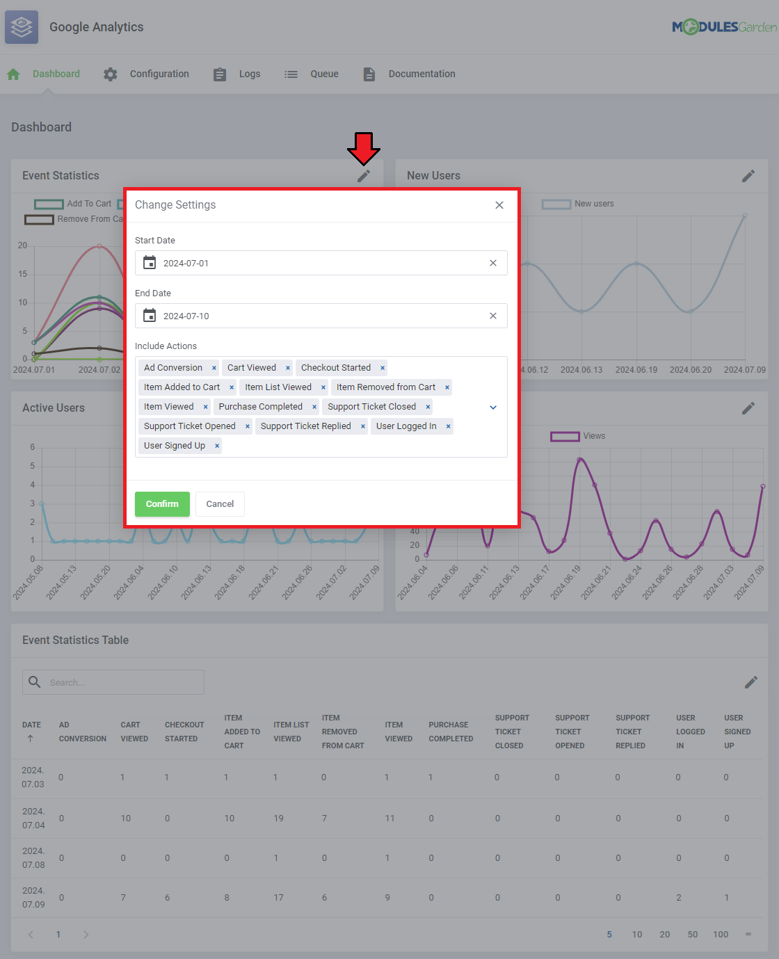 Google Analytics For WHMCS: module Dashboard with the Change Settings dialog for Event Statistics, showing dates and