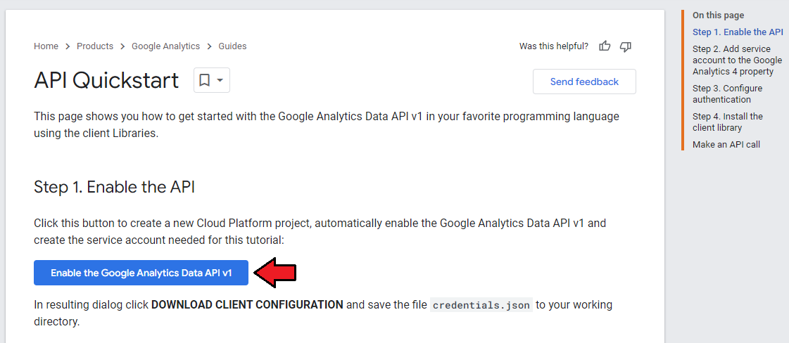 Google Analytics For WHMCS: Google Analytics Data API v1 quickstart page with the Enable the Google Analytics Data API