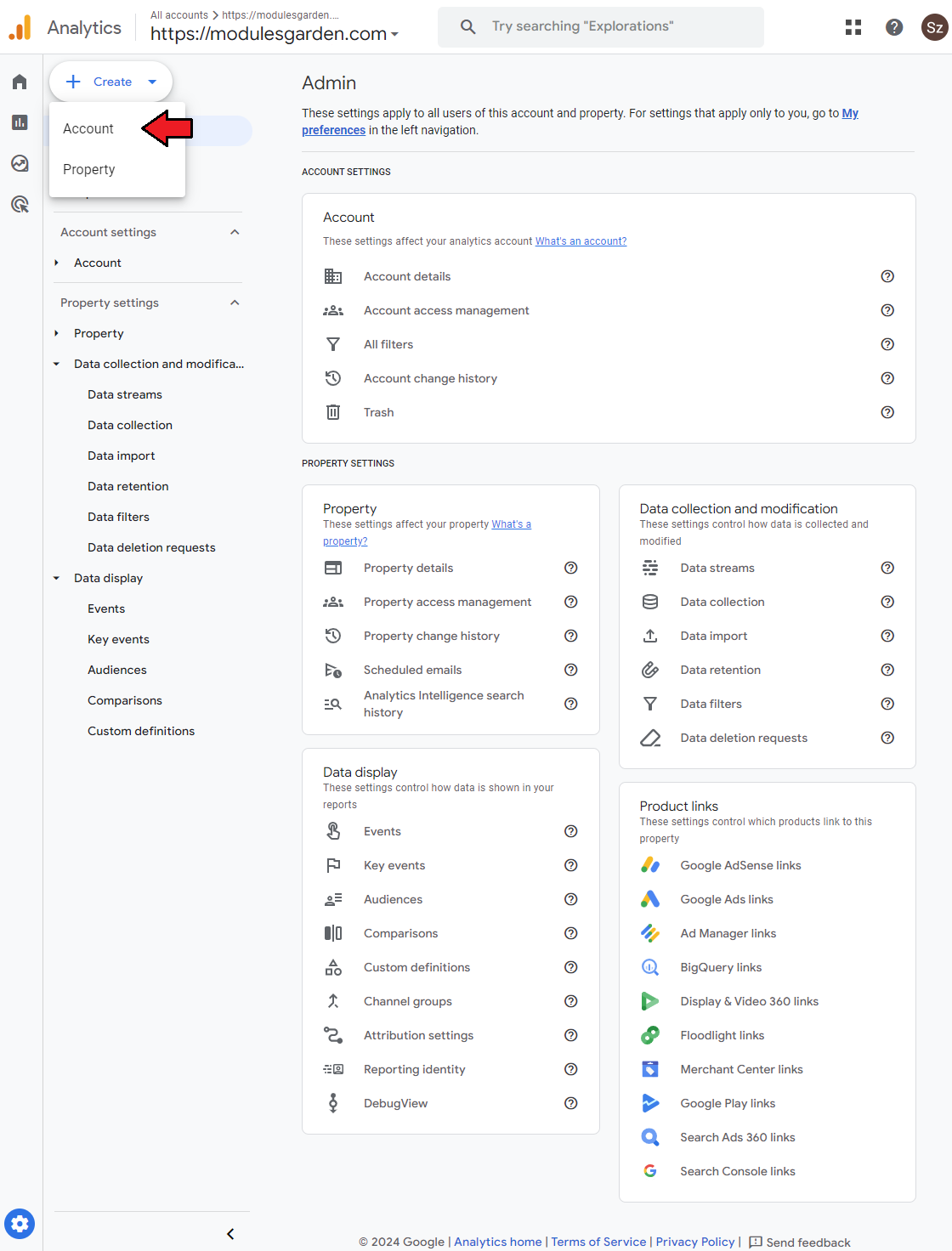 Google Analytics For WHMCS: Google Analytics Admin page with the Create menu open and the Account option highlighted