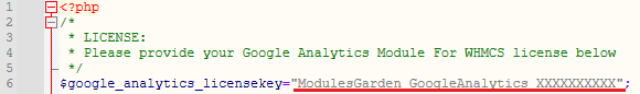 Google Analytics For WHMCS: license.php file opened in an editor with the license key placeholder between quotation