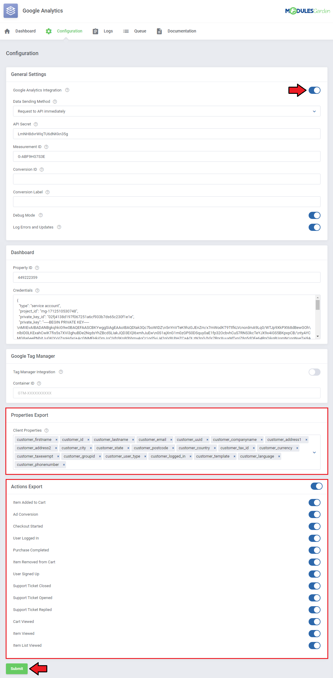 Google Analytics For WHMCS: module Configuration tab with Properties Export, Actions Export and the Submit button