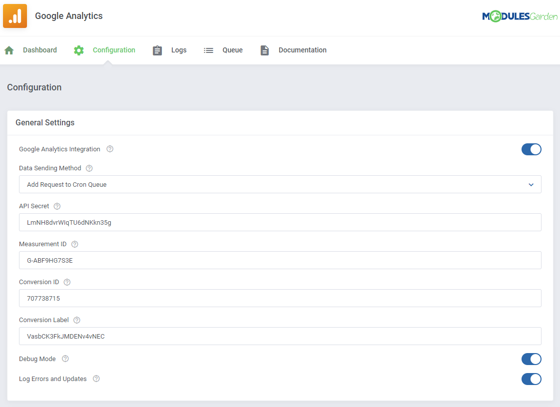 Google Analytics For WHMCS: module Configuration tab with Conversion ID and Conversion Label for Google Ads